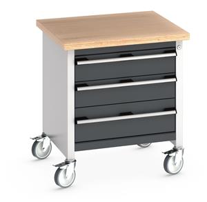 Bott Cubio Mobile Storage Workbench 750mm wide x 750mm Deep x 840mm high supplied with a Multiplex (layered beech ply) worktop and 3 integral drawers (2 x 150mm & 1 x 200mm high).... 750mm Wide Moveable Engineers Storage Bench with drawers and Cabinets